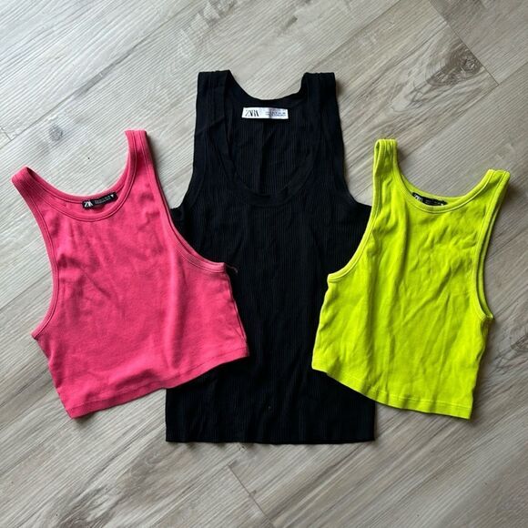 Zara Cropped Tank Top 3 Pack Bundle, Black, Pink, Neon Ribbed Size S Small - Picture 1 of 7